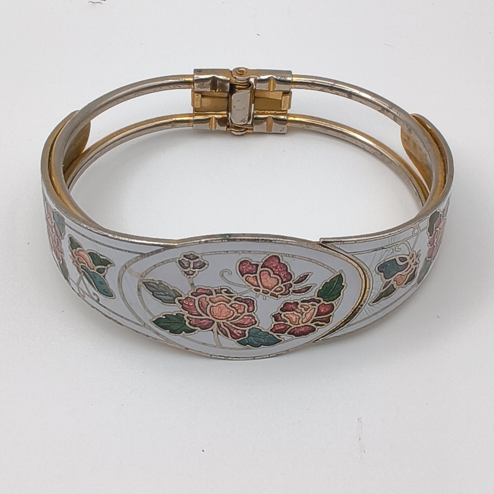 1980s White Enamel Cloisonné Bangle Bracelet - Butterfly Floral Gold Tone